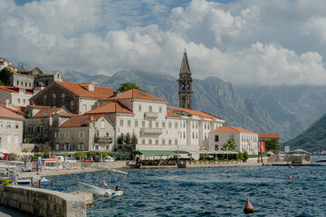 Travel. The ancient city of Perast. Montenegro. Aerial view.