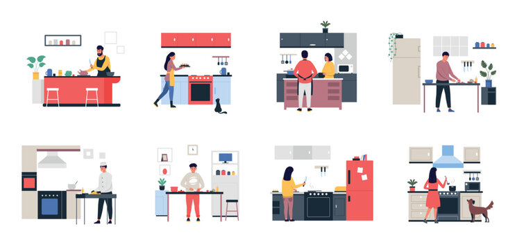 People cooking. Family prepare dinner on kitchen at home, man and woman cut bake fry and boil ingredients. Vector cartoon people cooking dinner together