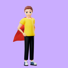 Raster illustration of man standing in a suit a superhero. Young guy in a yellow tshirt and a red cloak with raised hands takes off. Inspiration, saves the world, creative thinking, feat. 3d render