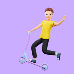 Raster illustration of man riding a scooter. Young guy in a yellow tshirt waving, greeting, while riding a scooter, recreation, active lifestyle, traffic rules. 3d rendering artwork for business