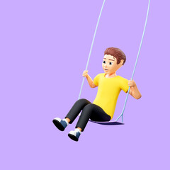 Raster illustration of man swinging on a swing. Young guy in a yellow tshirt rope ride, development, amusement park, playground, recreation, relaxation. 3d render artwork for business and advertising