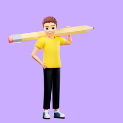 Raster illustration of man holding a pencil. Young guy in a yellow tshirt holds a huge pencil on his shoulders, art, drawing, inspiration. 3d rendering artwork for business and advertising