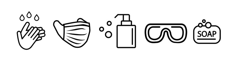 Personal protection equipment icons - medical mask, latex gloves, soap, dispenser, protective glasses. Coronavirus, covid 19 prevention items. Line, outline symbols. Mask icon. Vector illustration