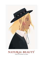 Vector illustration - fashion woman. Young beautiful woman portrait with black hat and suit. Modern feminine woman with blond hair. People of different cultures. Perfect for blog, prints, cards