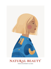 Vector illustration - modern woman. Young beautiful woman portrait with hairstyle. Modern feminine girl in blue clothes. Beauty industry. People of different cultures. Perfect for blog, prints, cards