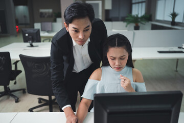 Abuse by adults, fear by businessmen Executive desk, female employee, flirtatious, inappropriate...