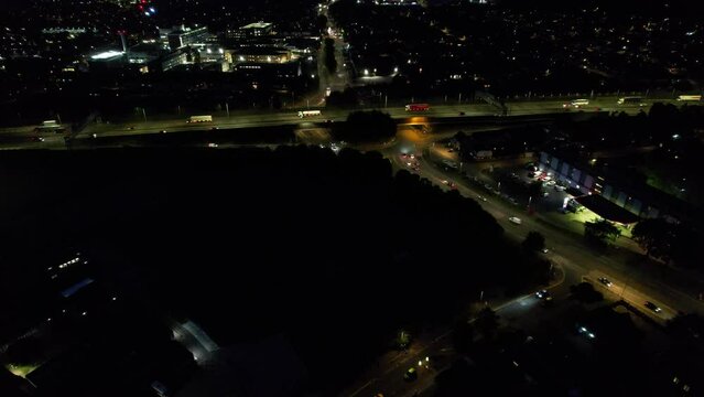 Aerial View of British Motorways With Fast Moving Traffic at Peak Time. M1 J11 and  J7 Motorways Junction Interchange. Time Lapse Shot captured on 7th Sep 2022