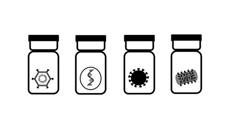 The various types of vaccine : Viral vector, mRNA, inactivation and Protein subunit in separation vial that represent in black and white icon concept.