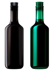 Black and dark green glass whiskey bottles isolated illustration. Alcohol or potion bottle .png image on transparent background
