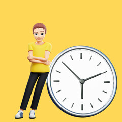 Raster illustration of man propped up watch. Young guy in a yellow tshirt looks at wrist watch, time, wall clock, time management, hour, minute, second. Punctuality concept. 3d render artwork
