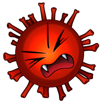 Scared sneezing Influenza cartoon virus icon. Angry red Coronavirus isolated illustration. Virion symbol on transparent background. Flu pandemic png image. Annoyed Covid-19 virus particle emoticon