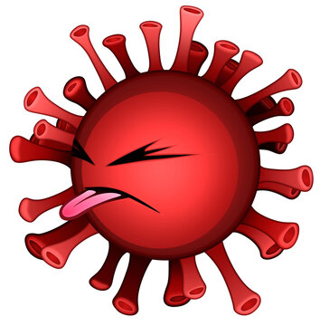 Mocking Influenza cartoon virus icon. Disgusted red Coronavirus isolated illustration. Sars virion symbol on transparent background. Flu pandemic .png image. Queasy Covid-19 virus particle emoticon.