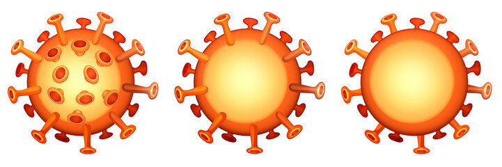 SARS-CoV round logo in 3 versions. Influenza virus icon. Orange Coronavirus isolated illustration. Sars virion circle symbol on transparent background. Flu pandemic .png image. Covid-19 virus particle