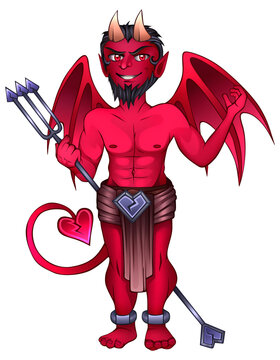 Bearded red demon with a broken heart-shaped tail and a trident cartoon character. Funny devil with horns Halloween .png illustration. Evil fantasy character isolated image on transparent background