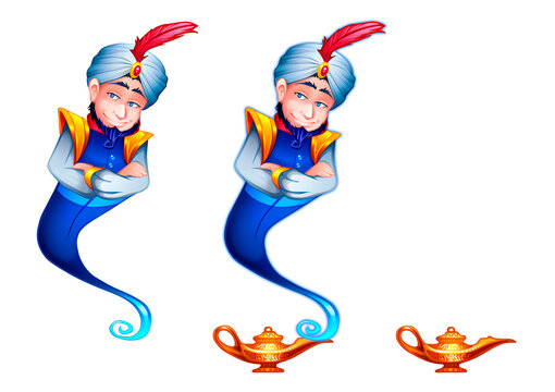 Bearded Genie cartoon character in a blue and white costume and a turban decorated with a red feather. Golden Magic Lamp Genie isolated images. PNG illustrations on transparent background