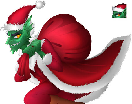 Gremlin Santa with a sack with Christmas presents. Grinch wearing Santa Claus outfit. Funny New Year green goblin in a fur coat and hat stealing a red present sack. PNG on transparent background