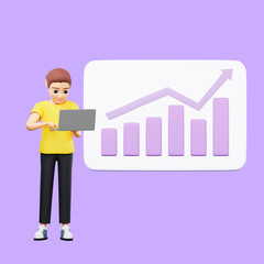 Raster illustration of man analyzes the data. Young guy in a yellow tshirt holds a laptop in his hands and stands next to a graph with charts, infographics. 3d rendering artwork for business