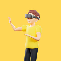 Raster illustration of man wearing black virtual reality glasses. Young guy in a yellow tshirt augmented reality, metaverse, vr helmet, holographic, computer game, gamer. 3d render artwork