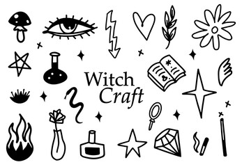 Line doodle black magic set logo for wizard shop isolated on white background