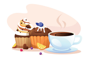 Cupcake and coffee. Cartoon muffins with cup of cappuccino, sweet morning food with hot beverage for restaurant cafe breakfast. Vector bakery illustration