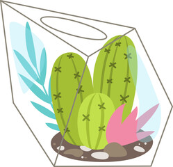 Tropical cactus or succulent in geometric glass florarium.