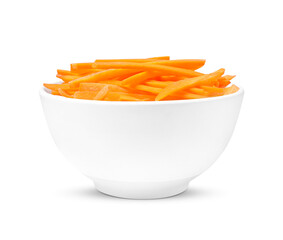 Bowl of delicious carrot sticks isolated on white