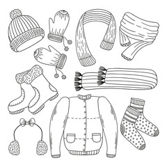 A set of winter and autumn clothing, wardrobe items doodles isolated on a white background. Hand drawn, simple outline illustration. It can be used for decoration of textile, paper.
