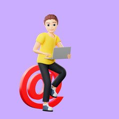 Raster illustration of man writes an email. Young guy in a yellow tshirt holding a laptop and typing a message on the mail, at, address, contact us. 3d rendering artwork for business and advertising