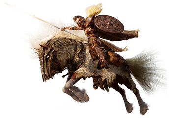Valkyrie in brass gilded armor rushes into battle on a heavily armored white-maned horse with a spear and shield, as if she flies fearlessly in an epic pose. 2d isolated PNG art - 529232081