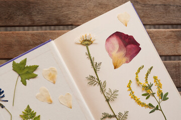 Book with dried flowers and leaves on wooden table, top view