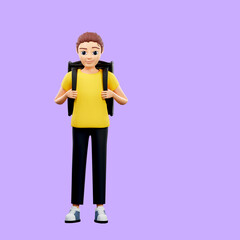 Raster illustration of man with a backpack on his back. Young guy in a yellow tshirt goes to school, delivers parcels, postman, loader. 3d rendering artwork for business and advertising