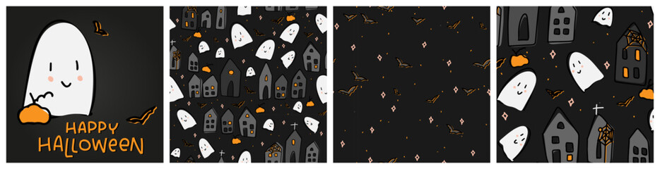 Halloween cute ghost in night town dark background set. Cartoon kawaii style October 31st holiday mystic scene seamless pattern and clipart in black, orange and white colors.