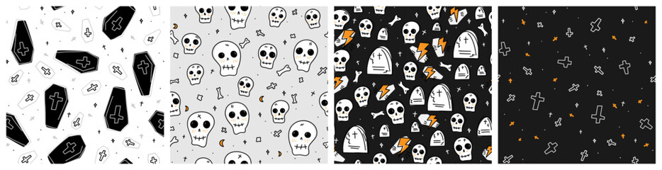Spooky Halloween coffin, scull and tombs at the cemetery gothic background set. October 31 holiday seamless pattern in black, white and orange traditional colors with cartoon style horror graphic.