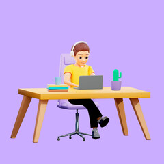 Fototapeta premium Raster illustration of man working at the desk in the office. A young guy in a yellow tshirt sits on a chear in headphones with a laptop and hot drink in a mug, houseplant. 3d rendering artwork