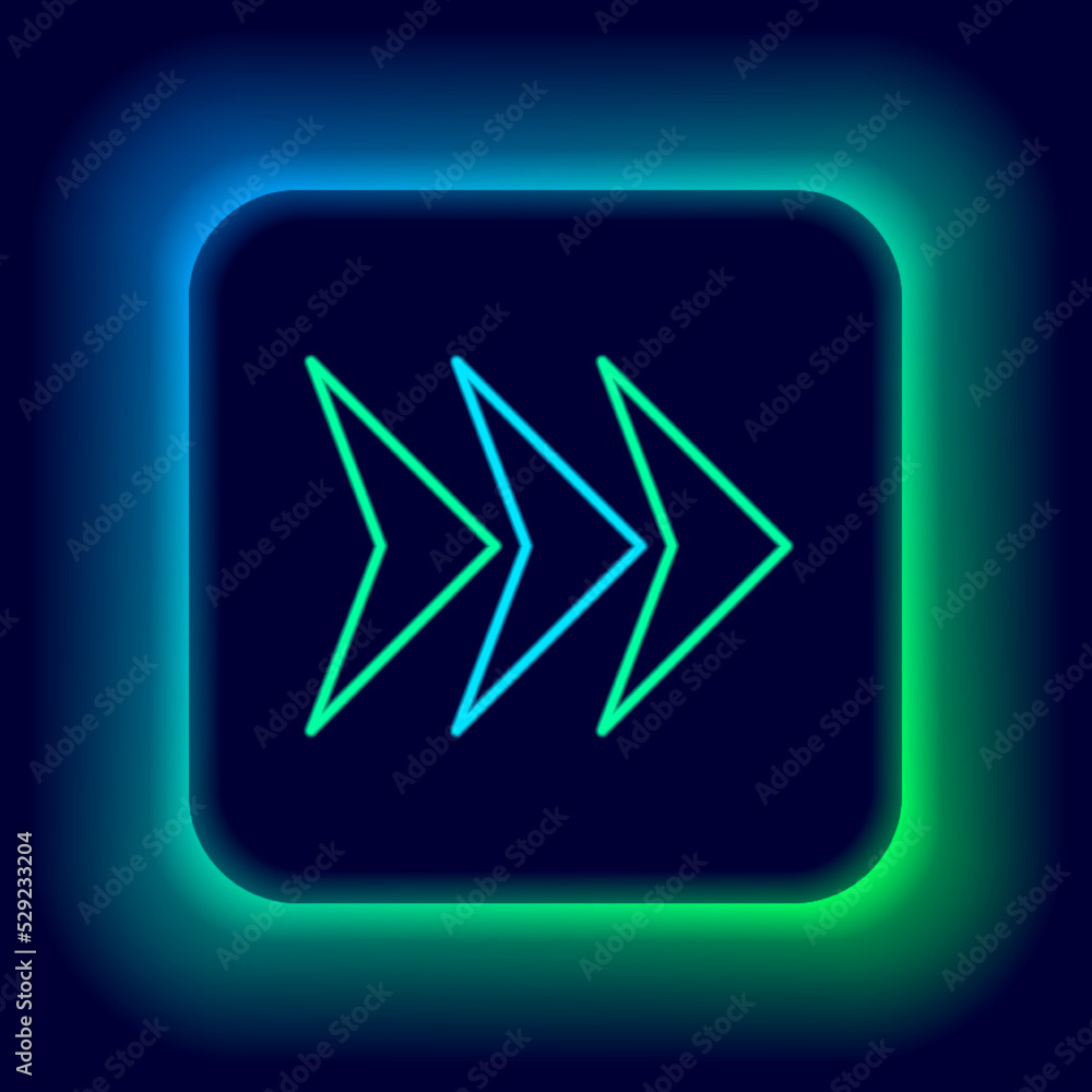 Poster glowing neon line arrow icon isolated on black background. direction arrowhead symbol. navigation po