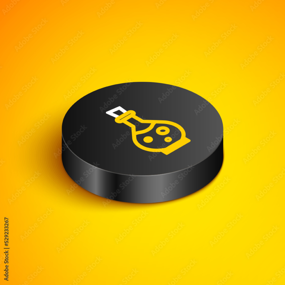 Poster isometric line glass bottle with magic elixir icon isolated on yellow background. computer game asse