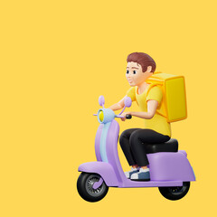 Fototapeta na wymiar Raster illustration of man riding a scooter with backpack . Young guy in a yellow tshirt rides a motorcycle, delivery, transport, speed, traffic rules. 3d render artwork for business and advertising