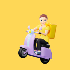 Fototapeta na wymiar Raster illustration of man riding a scooter with backpack. Young guy in a yellow tshirt rides a motorcycle rides on the back wheel, delivery, transport, speed, traffic rules. 3d rendering artwork