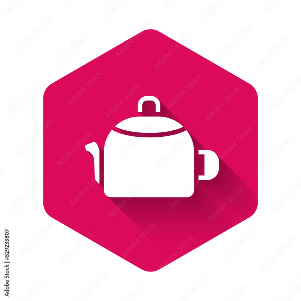 Poster white kettle with handle icon isolated with long shadow. teapot icon. pink hexagon button. vector
