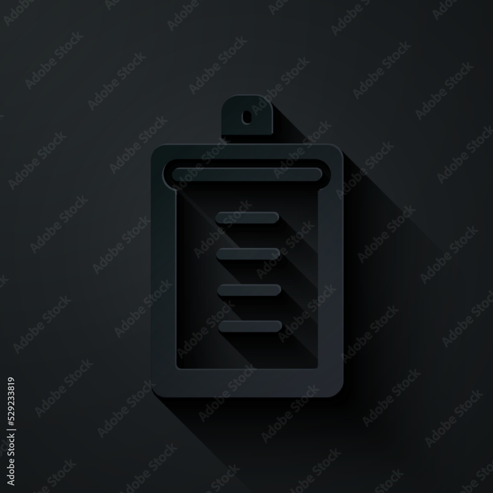 Poster paper cut clipboard with checklist icon isolated on black background. control list symbol. survey po