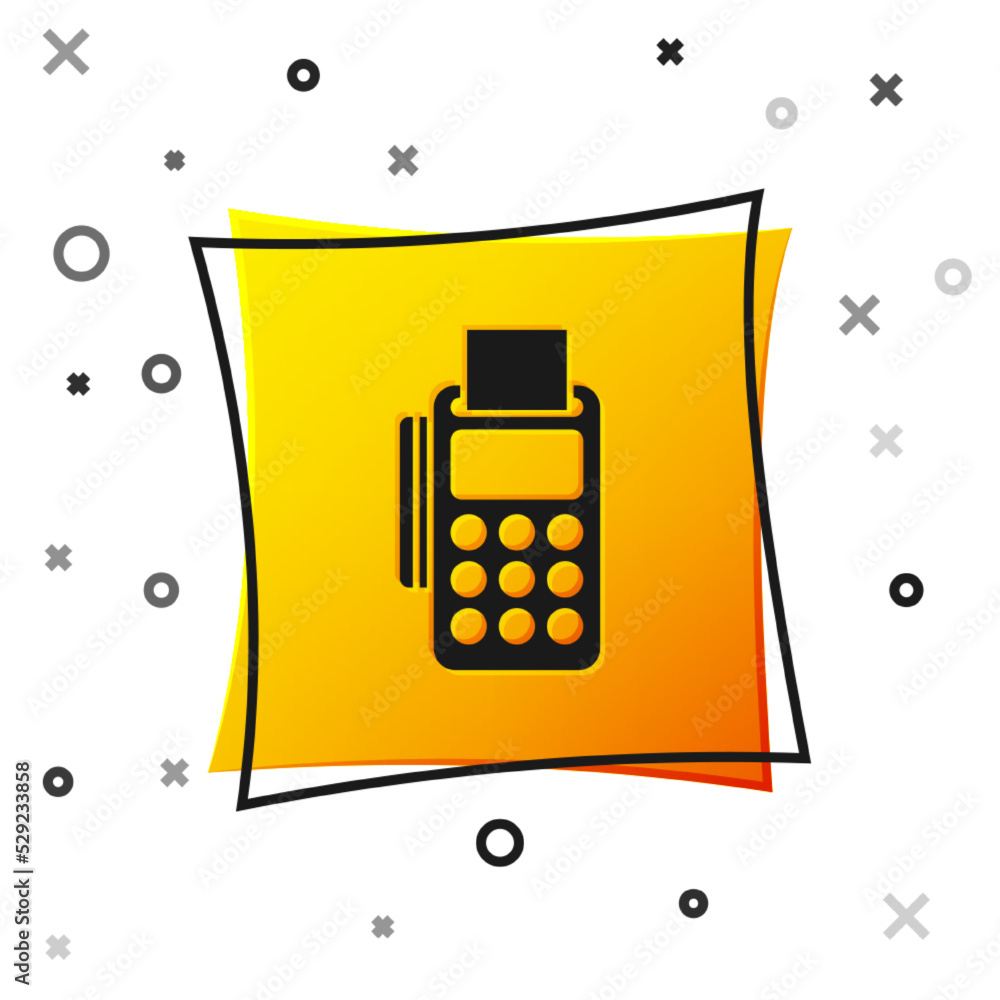 Poster black pos terminal with inserted credit card and printed reciept icon isolated on white background. 