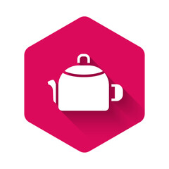 White Kettle with handle icon isolated with long shadow. Teapot icon. Pink hexagon button. Vector