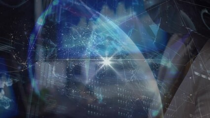 Animation of data processing and globe over african american businesswoman with face mask in office - Powered by Adobe