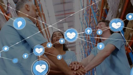 Animation of network of connections over diverse volunteers in warehouse - Powered by Adobe