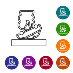 Black line Burning car icon isolated on white background. Car on fire. Broken auto covered with fire and smoke. Set icons in color circle buttons. Vector