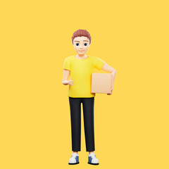 Raster illustration of man carries a box in his hands and thumb up. Young guy in a yellow tshirt works as a loader, delivers parcels, post, delivery, purchase, order, package. 3d render artwork