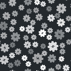 Grey Gear and lightning icon isolated seamless pattern on black background. Electric power. Lightning bolt sign. Vector