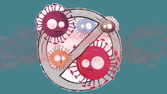 Animation Of Covid 19 Cells And No Entry Sign Over Blue Background