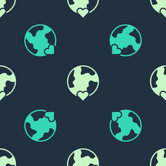 Green and beige The heart world - love icon isolated seamless pattern on blue background. Vector