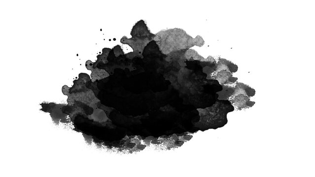 watercolor paint brush stroke. ink splash transition. Abstract inkblot, splat, fluid art, overlay, alpha matte composition, spread on a white paper background. ink transition splatter blot spreading.